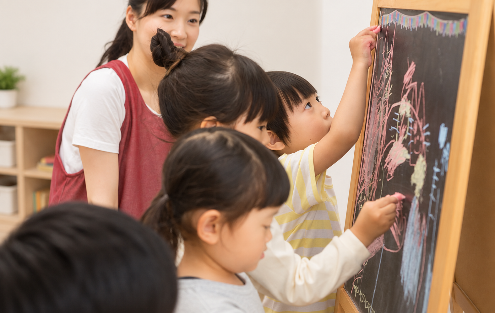 保育者と一緒に黒板に絵を描く子どもたち